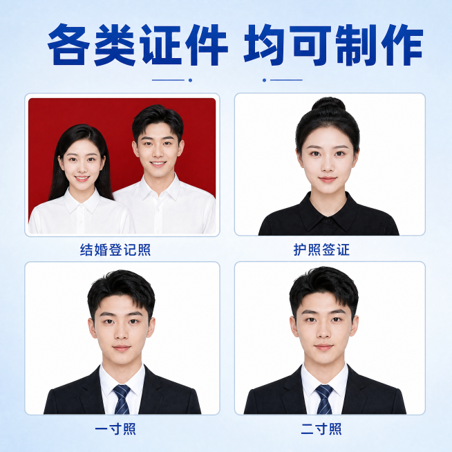 [主图-4] 多类型证件照服务场景展示图。[氛围风格] 专业全面，清晰展示服务范围。[画质] 清晰干净，设计质感强。[元素] 顶部主标题，下方四格宫格排列，分别展示结婚登记照、护照签证照、一寸照、二寸预览效果