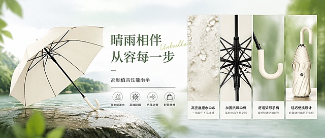 雨伞商品轮播图，宣传图，简洁大气风格，展示雨伞产品细节，适合电商Banner使用，尺寸适合950*400，整体清新自然
