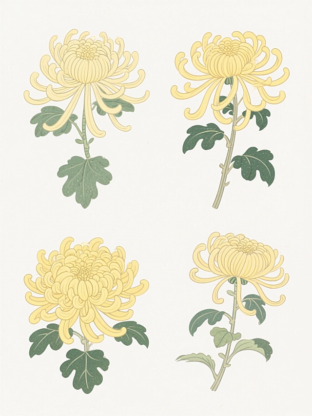 六个不同样式和材质的菊花，采用清新淡雅的日式插画风格，线条细腻流畅，色彩明亮柔和，黄色花瓣层次丰富，搭配翠绿叶片，整体画面简洁干净，白色背景衬托下排列整齐，营造出宁静自然的氛围
