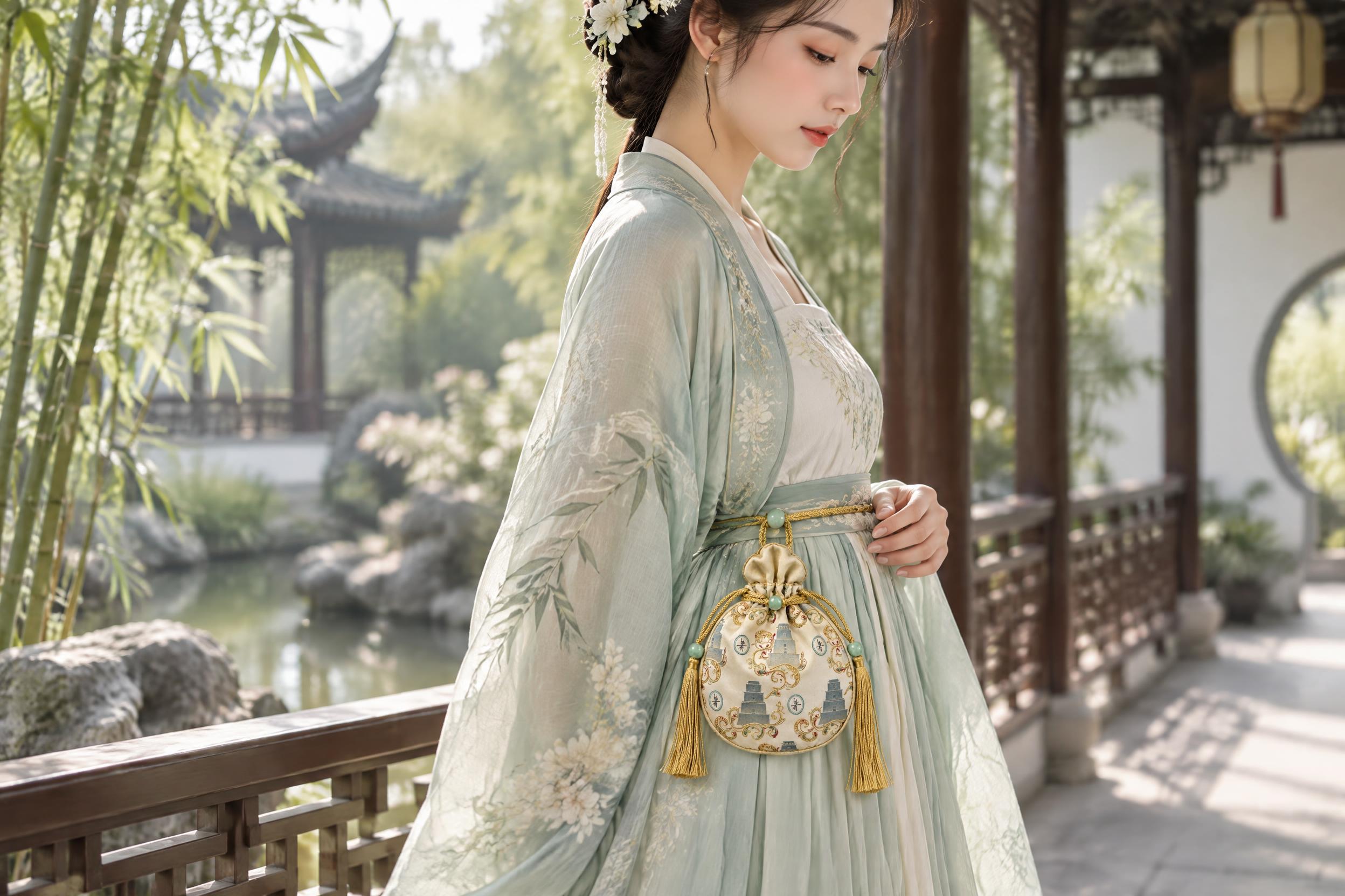 生成横版构图的香囊随身佩戴场景图，一位身着淡青色宋制汉服的女子… - 图片创意预览