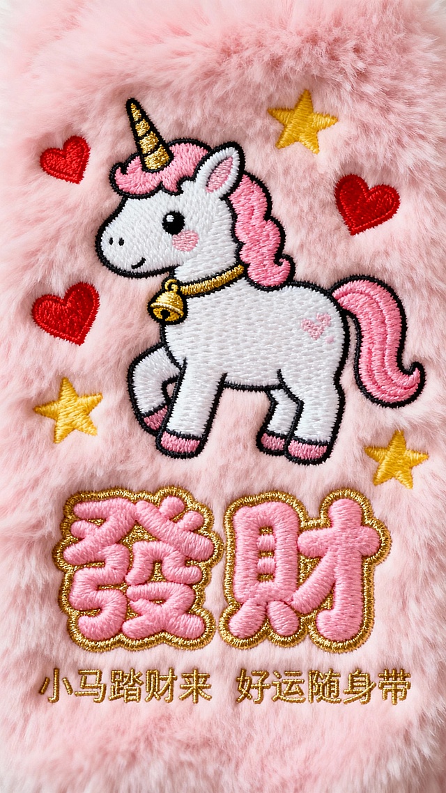粉绒底独角兽刺绣配 “发财” 字