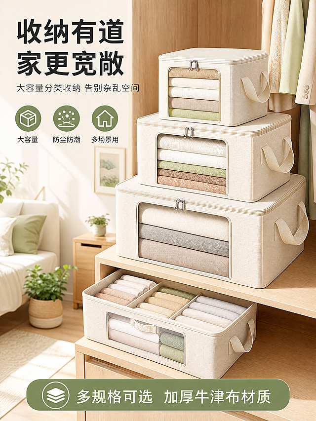 [第1屏] 详情页头图-家政收纳箱收纳盒产品主视觉海报。
[氛围/风格] 温馨整洁家居风，明亮通透自然光感，商业摄影质感，突出整洁有序的生活美学。
[元素布局] 画面右侧摆放一组米白色布艺收纳箱套装（大中小三件叠放+抽屉式收纳盒），收纳箱置于木质衣柜内部层板上，收纳箱内整齐叠放着折叠好的衣物和毛巾；左侧留出标题区域；背景为北欧风格卧室一角，可见浅色衣柜、木质地板、绿植盆栽点缀；收纳箱为牛津布材质，带透明视窗和双提手，整体占画面约60%。
[光影质感] 左上方柔和自然光照射，右侧辅光补光，收纳箱表面有自然高光，底部有柔和投影，整体明亮干净，层次分明。
[配色色系] 全局底色 #F5F1EB 米杏色；主色米白+浅木色；辅助色抹茶绿点缀、深灰文字。
[视角构图] 正面微俯视45°角，产品为视觉中心，阅读动线左上标题→右侧产品场景→底部信息条。
[文字版式] 版式为左上大标题 + 右侧产品场景 + 底部信息条。主标题「收纳有道 家更宽敞」，副标题「大容量分类收纳 告别杂乱空间」，两行黑体字左对齐；标题下方3个圆形图标卖点：「大容量」「防尘防潮」「多场景用」；底部信息条标注「多规格可选 加厚牛津布材质」；文字不遮挡收纳箱主体。
[比例分辨率] 3:4 竖版比例，4K分辨率，文字清晰可辨，高清画质。
[负向提示词] 变形，水印，文字错乱，文字过小，缺件错件，结构错误，颜色偏差，产品图模糊，背景杂乱，人物乱入。