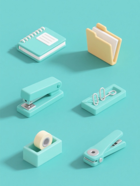 一系列6个办公用具的等距投影风格图标，保持简约的线条、扁平的色彩和清晰的轮廓，每个图标都有不同的元素内容：笔记本、文件夹、订书机、胶带座、回形针盒、打孔器，整体画面色彩变换为柔和的蓝绿色调，所有图标规整排布在纯色背景上，无任何文字、LOGO、二维码及联系方式。预览效果