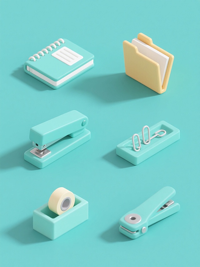 一系列6个办公用具的等距投影风格图标，保持简约的线条、扁平的色彩和清晰的轮廓，每个图标都有不同的元素内容：笔记本、文件夹、订书机、胶带座、回形针盒、打孔器，整体画面色彩变换为柔和的蓝绿色调，所有图标规整排布在纯色背景上，无任何文字、LOGO、二维码及联系方式。