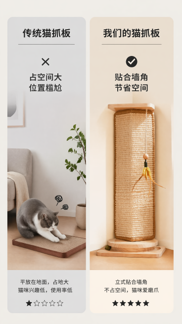 [第2屏] 痛点对比屏，对比传统平放猫抓板与这款墙角猫抓板。本屏使用【图1】作为商品主体。
[氛围/风格] 清晰直观的对比展示，日常生活风，干净明亮，商业排版。
[元素布局] 画面左右分栏对比，左栏展预览效果