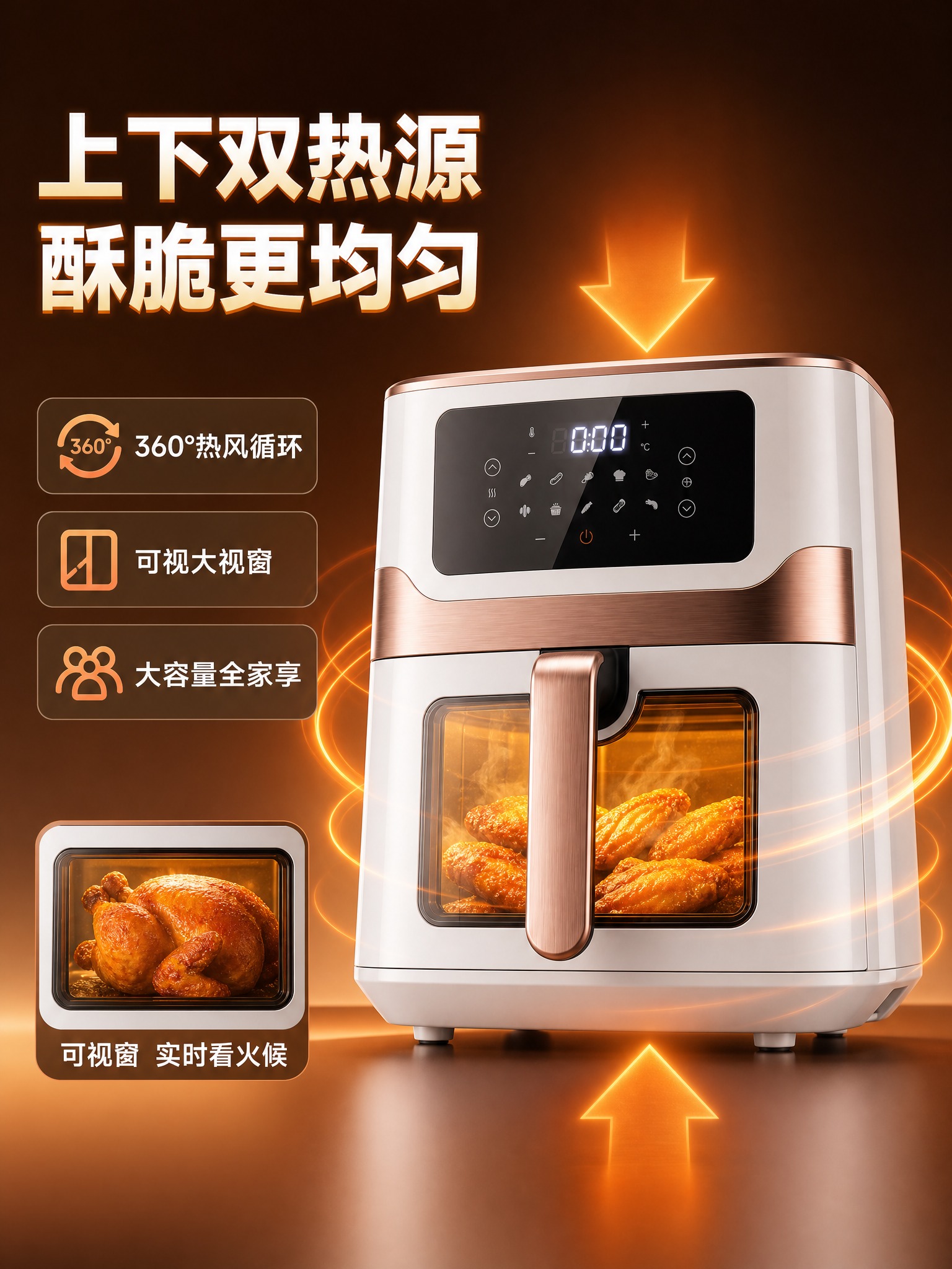 生成卖点主图，3:4比例，3D渲染风格，深棕暖橙渐变背景，低视… - 图片创意预览