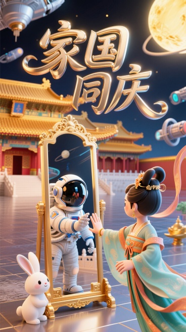 大师级排版设计，（字体标志"家国 同庆”，两行错排；创意字体设计，线条流畅且富有艺术感，将字体进行抽象变形，创造出独特的节奏和动感，给人以强烈的视觉冲击。流畅立体字，金属质感，金属里泛着金色光晕，金属预览效果