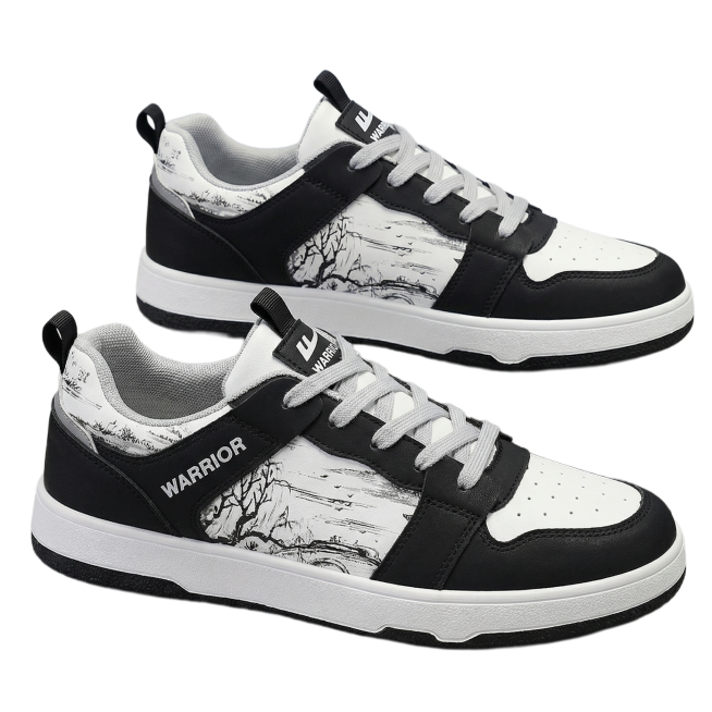 将图片1中的黑白水墨画回力板鞋，复制成一双，按照图片2的构图和摆放角度，合成到图片2的背景中。保持图片1鞋子的外观、黑白配色、侧面水墨画印花、灰色鞋带和文字WARRIOR不变，鞋尾提拉带保持黑色，保留预览效果