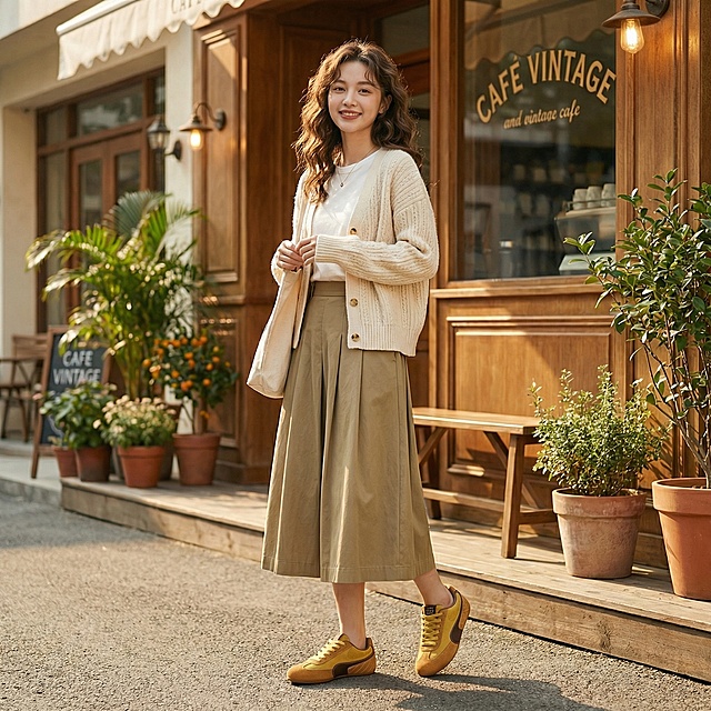 生成这双复古拼色德训鞋搭配卡其色百褶裙的淘宝电商穿搭图，年轻女性穿着，背景是文艺咖啡馆外场景，风格清新复古
