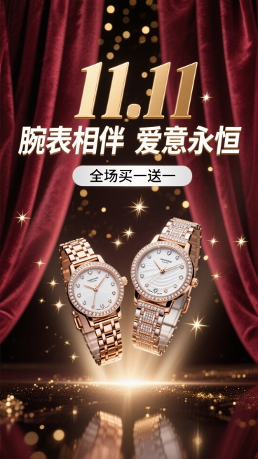 海报采用深邃的勃艮第酒红色背景，犹如天鹅绒幕布。画面中央，一道光束打下，聚焦于一对优雅交叉的男女款奢华腕表。表盘上的钻石与金属细节在光线下熠熠生辉，仿佛悬浮于璀璨星河之中。背景中若隐若现的金色光斑，如预览效果