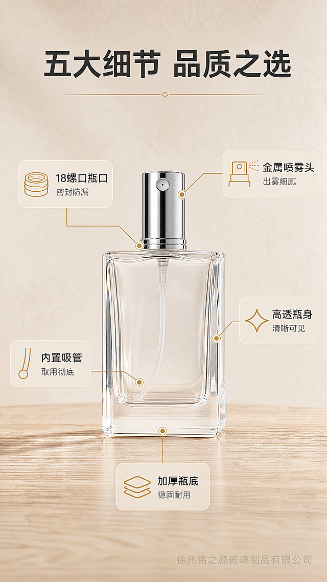 [商品] 使用【图2】【图6】透明方形玻璃香水分装瓶；保留方形瓶身、高透玻璃、银色金属喷头、18螺口瓶口、瓶身比例；商品处理：增强玻璃通透感与金属质感，保持瓶身干净，突出各部位结构。
[画面] 第3张结构解析页，目标展示产品五大核心结构；中心构图，50ml款香水瓶居中放置在浅暖灰背景上，主体占画面55%；从瓶身各部位引出细线标注，共5处标注点，分布在瓶身四周；阅读动线从中心向四周扩散。
[视觉] 套系策略：风格=简约高级玻璃制品商业摄影；标题字=现代黑体粗体；正文字=简洁无衬线黑体；主色=暖木棕；背景延展=基于暖木棕做深浅层级、同色渐变和细腻木纹/纸张质感；强调色=香槟金，仅用于小面积图标、引线和标签；标题色=深炭灰；正文色=中暖灰；组件=圆角浅底信息卡、细线引线、标注圆点；光影=左前侧暖柔光，玻璃通透反光自然。
[文字] 顶部主标题"五大细节 品质之选"；5处引线标注："18螺口瓶口 密封防漏""加厚瓶底 稳固耐用""高透瓶身 清晰可见""金属喷雾头 出雾细腻""内置吸管 取用彻底"；右下角半透明水印"徐州铭之源玻璃制品有限公司"；文字均为横排。
[规格] 图片比例9:16竖版，分辨率4K，quality medium；避免卡口瓶口、变形、错字、文字过小、冷蓝/蓝灰背景、出现批发售后物流定制相关内容。