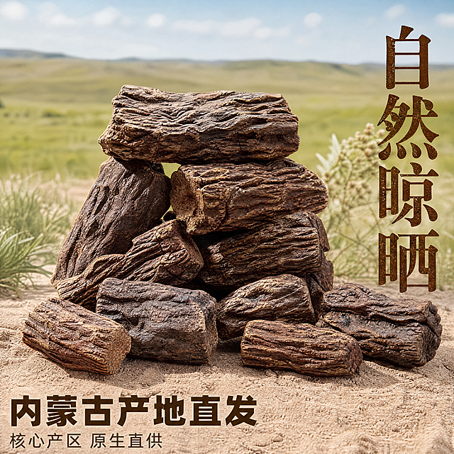 [主图-2] 内蒙古产地溯源核心卖点展示图
[氛围风格] 真实产地草原风光，自然原生态氛围
[画质] 商业摄影质感，光线柔和通透，产品清晰真实，画面干净高级
[元素] 保持锁阳断节产品外观物理结构、褶皱树皮纹理、深棕颜色与输入产品图绝对一致，杜绝变形和色差，精细化处理。前景摆放锁阳断节产品，背景叠加内蒙古草原沙地远景，商品主体占比约65%，画面满屏无边框
[光影] 自然日光从侧方照射，突出产品干制纹理，背景草地柔和虚化，景深自然
[配色] 深棕产品主体，浅绿草地作背景，层次分明
[视角构图] 平视中心构图，产品前景清晰，背景虚化突出产地
[文字版式] 左下区域左对齐，大字文案"内蒙古产地直发"，深棕粗体字，下方小字"核心产区 原生直供"，浅棕色小字；右侧超大数字"自然晾晒"竖向排列强化核心卖点，文字不遮挡产品主体
[比例分辨率] 1:1比例，4k分辨率，文字清晰锐利，画面超高清
[负向提示词] 变形，水印，文字错乱，产品图模糊，背景杂乱，颜色失真