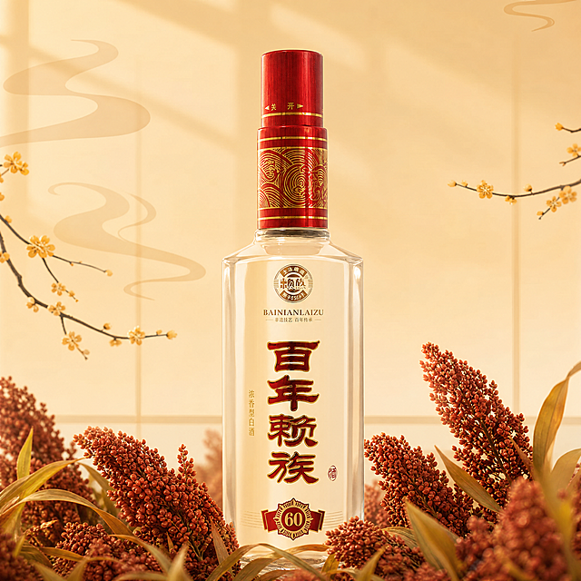 白酒瓶，严格参照上传图1，完整保留所有可见组件、部件、轮廓形状、结构、比例、材质质感、颜色与产品文字信息。保留图2作为背景，使用图2的暖黄色调，简约国风新中式场景，加入红高粱半掩盖着白酒瓶底部，自然融入场景光影，与场景共处同一物理空间，产品受光面泛起暖黄色、暗部映射浅米色光晕，与环境物理融合。产品居中放置，中景构图，消除多余文字。4K分辨率，严格锁定宽高比为1:1