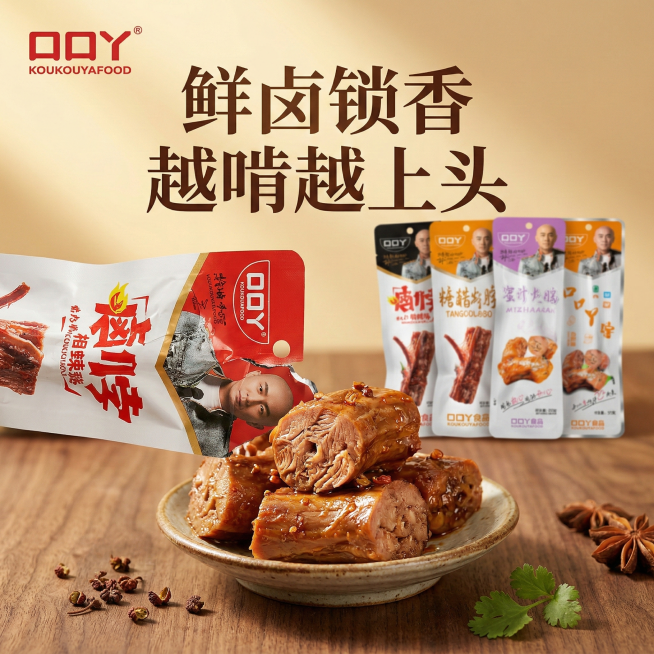 将背景替换为暖调光影的美食场景，展示撕开包装的鸭脖，露出肌理分明的肉质，添加文案"鲜卤锁香 越啃越上头"，营造高级食欲感预览效果