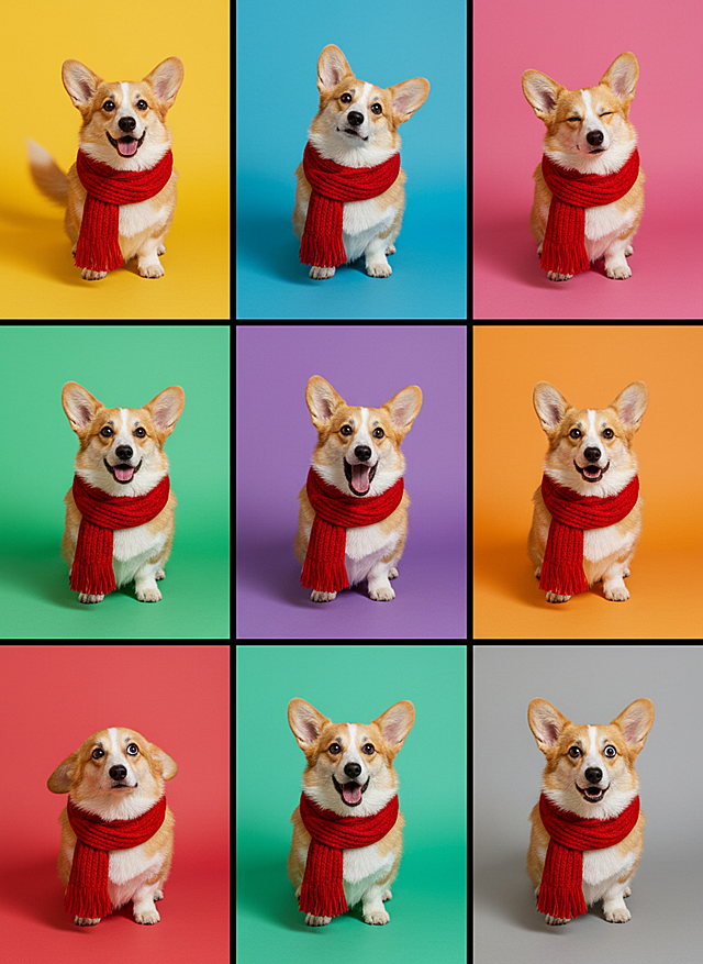 可爱卡通风格，扁平色彩背景，拟人化小狗戴围巾，表情生动有趣。