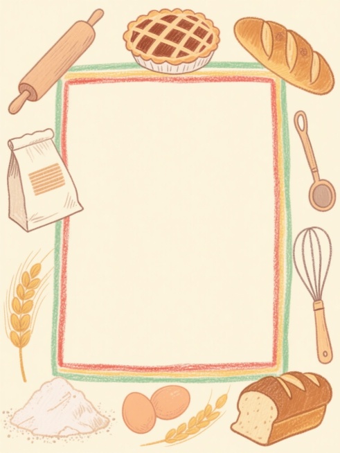 手绘风格面包店主题边框设计，采用彩色铅笔质感的多色线条勾勒，中心为柔和的米黄色留白区域，四周环绕着精细手绘的烘焙元素：顶部是格子纹馅饼，左侧有擀面杖和面粉袋，底部是面粉堆、鸡蛋和小麦穗，右侧是面包、搅拌器和量勺，线条流畅带有轻微的交叉阴影效果，色彩明快温暖，以赭石红、橄榄绿、暖黄、淡棕为主色调，整体呈现复古温馨的烘焙氛围，适合作为食品宣传海报或菜单的装饰边框。预览效果