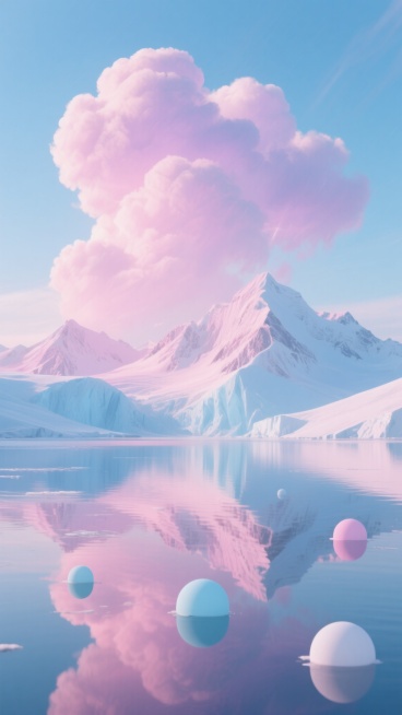 超现实主义风格自然风光插画，粉蓝渐变配色，纯净浅蓝色天空中漂浮着巨大蓬松的粉紫色云朵，阳光透过云层洒下柔和的光线，远处是覆盖着皑皑白雪的连绵冰川山脉，山体呈现出淡粉色与浅蓝色的微妙渐变，山脚下是平静如镜的湖水，湖面清晰倒映着天空的粉云与冰川的轮廓，湖水中点缀着几个圆润的浅蓝色和粉白色漂浮物，整体画面营造出极致梦幻、宁静而又浪漫的氛围，色彩和谐统一，光影柔和细腻，呈现出童话般的唯美意境。预览效果