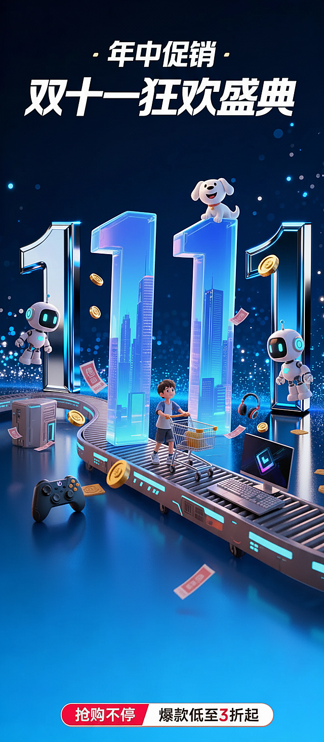 未来感与科技感交融的软3D风格海报，融合卡通元素与霓虹灯效，虚拟现实场景中“11.11”玻璃质感数字闪耀，机器人、萌犬与购物车营造趣味促销氛围，传递双十一狂欢盛典的节日信息。