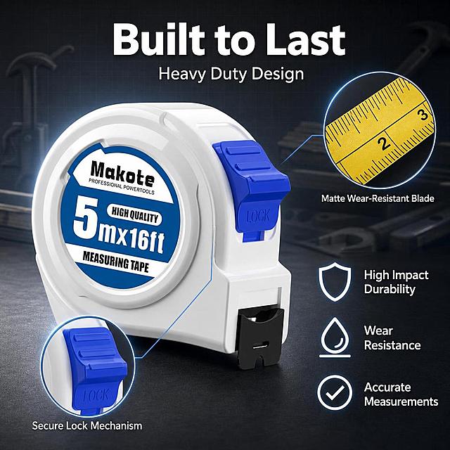 Amazon listing infographic main image 3 - material and durability details. Product: Makote 5m/16ft measuring tape, white case with blue lock button. Background: deep cool gray with subtle grid texture, professional industrial tech feel. Main visual: close-up three-quarter view of the tape measure body, focusing on the blue lock mechanism and the blade exit point. Evidence components: 1) Magnified inset top-right showing the matte yellow blade surface with sharp black markings, highlighting wear-resistant coating; 2) Magnified inset bottom-left showing the blue lock button detail with "LOCK" embossed, demonstrating smooth reliable locking mechanism; 3) Small icon set on right side: shield icon for durability, drop icon for wear resistance, checkmark for accuracy. Context component: faint silhouette of construction/woodworking tools in background to establish professional usage context. Color palette: main dark cool gray, accent brand blue, yellow from blade as secondary accent, white text. Text layout (all English): top center large headline "Built to Last", below it smaller "Heavy Duty Design". Each inset has a short label: "Matte Wear-Resistant Blade", "Secure Lock Mechanism". Right side vertical feature labels with icons. Product appearance must match input image exactly, no deformation or color change. Commercial product photography, dramatic side lighting highlighting texture, crisp edges. 1:1 ratio. Negative: deformed, text errors, blurry details, Chinese text, watermark, platform logo, cheap plastic look.