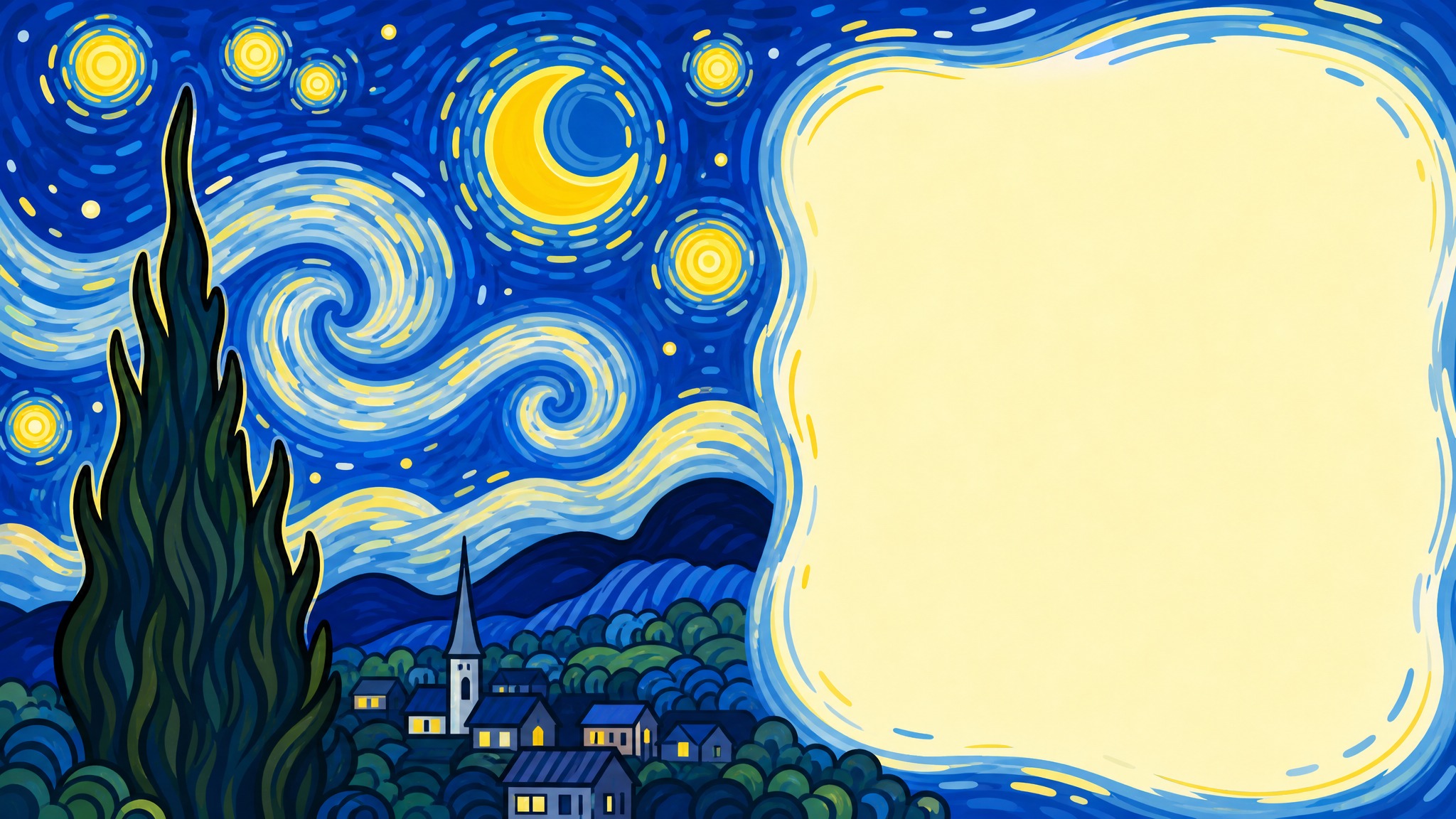 梵高星月夜卡通版，深蓝色夜空中有旋转的星星和月亮，下方有小村庄… - 图片创意预览