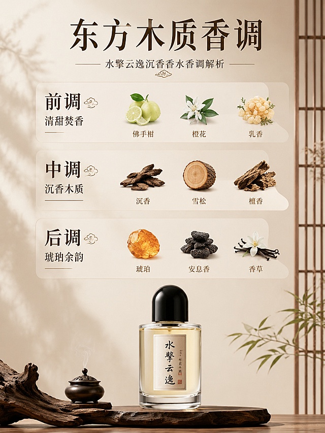 [第8屏] 香调解析，水擎云逸沉香香水香调结构展示。
[氛围/风格] 雅致高级，新中式香调氛围。
[元素布局] 画面分三部分，依次是前调、中调、后调，每个部分标注香调成分：前调 清甜焚香 中调 沉香木质 后调 琥珀余韵。每个部分搭配对应香材小图，产品放在画面底部居中位置，保持原外观。
[光影质感] 柔和自然光，整体通透干净，层次清晰。
[配色色系] 全局底色 #f5f1e9，浅原木色背景，深棕色文字，自然雅致。
[视角构图] 从上到下分三栏，底部放产品，整体结构清晰，视觉流线顺畅。
[文字版式] 顶部大标题「东方木质香调」，每个香调部分标题加粗，成分说明小字，排版整齐，文字清晰。
[比例分辨率] 3:4竖版比例，宽度：1536，高度：2048，4K分辨率，文字清晰可辨，高清画质。
[负向提示词] 产品变形，文字错乱，颜色偏差，水印。