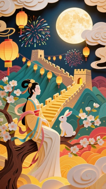 全景构图，近景是嫦娥和玉兔的坐在梨花树上的侧影，中间为万里长城，灯笼阵列悬浮空中，背后是圆月和烟花，画面四周祥云环绕，画面整体充满喜庆和华丽，画面呈现喜庆的暖色调，预览效果