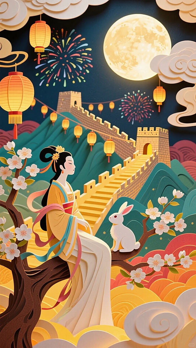 中式古典插画风，融合撕纸与轻拟物手法，嫦娥伴玉兔坐于花枝，长城蜿蜒月下，灯笼璀璨，烟花绽放，营造梦幻喜庆的中秋氛围，以万里长城为背景，展现了祖国的辉煌强大