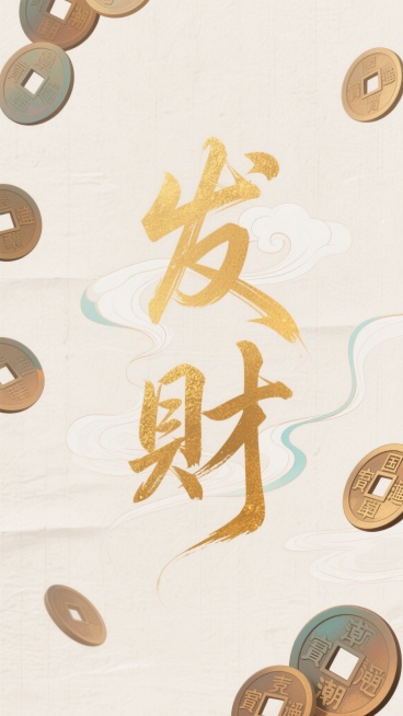 米白色宣纸纹理背景，中央竖向排列鎏金色“发财”二字，飞白体，笔触飘逸苍劲带飞白效果，文字周围环绕古铜色铜钱，淡白色半透明中国风云气缭绕，典雅祥瑞，传统中式水墨感，丰富质感，高级构图，大量留白预览效果