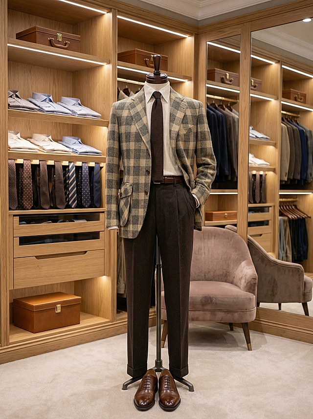 根据生成的西装款式，生成一张产品搭配展示图