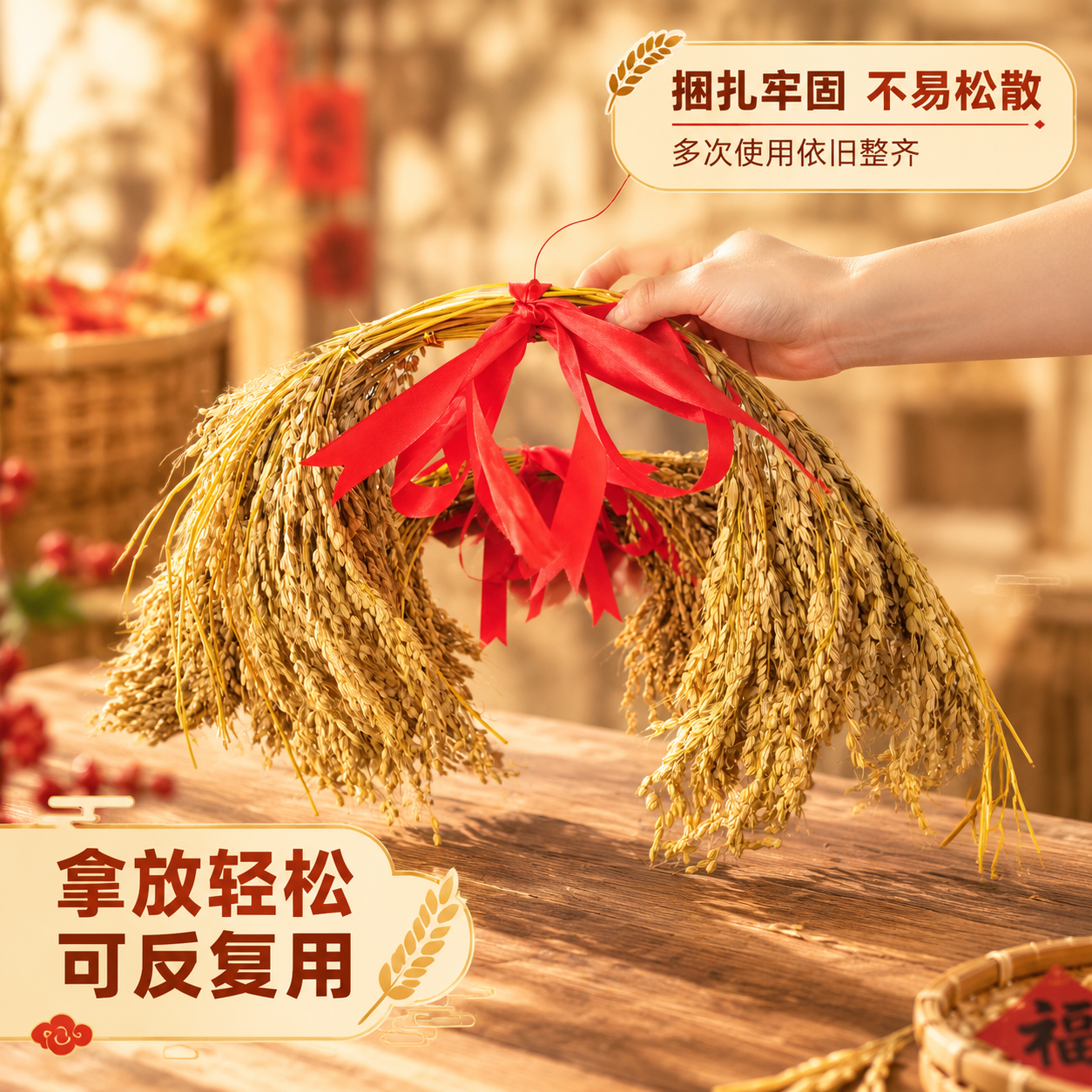 [商品] 使用【图2】手持稻穗捆红绳装饰束；保留干稻穗金黄质感… - 图片创意预览