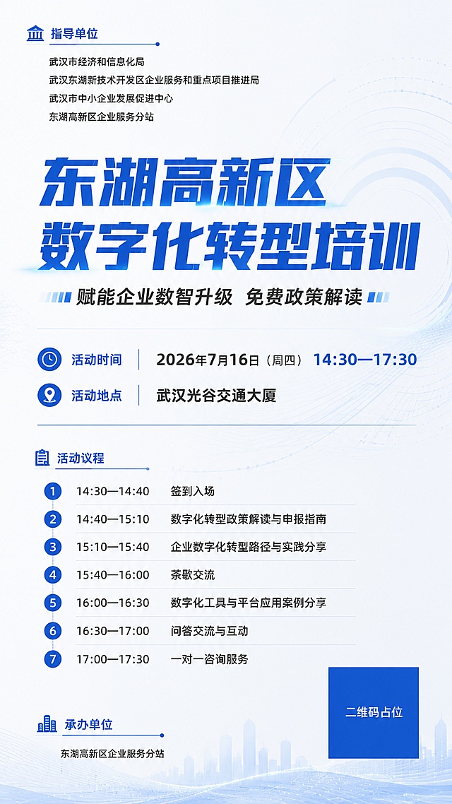 简约科技风会议培训海报，采用极简留白设计，主视觉搭配抽象数字化元素线条，主标题"东湖高新区数字化转型培训"使用大字号加粗科技字体，副标题"赋能企业数智升级 免费政策解读"。信息分区排布：上方标注组织机构，中部展示活动时间"2026年7月16日（周四）14:30—17:30"和地点"武汉光谷交通大厦"，议程使用有序列表清晰呈现，底部标注承办单位。右下角二维码区域使用纯色方块占位符呈现，方块中央标注"二维码占位"文字，严禁生成任何可识别的二维码图案。版式精美，整体色调为浅灰+科技蓝，专业简约，信息层级清晰，所有文字清晰可读，数字必须精确渲染。画面中必须完整呈现所有关键文字信息："东湖高新区数字化转型培训" "2026年7月16日" "14:30—17:30" "武汉光谷交通大厦" "武汉市经济和信息化局" "武汉东湖新技术开发区企业服务和重点项目推进局" "武汉市中小企业发展促进中心" "东湖高新区企业服务分站"