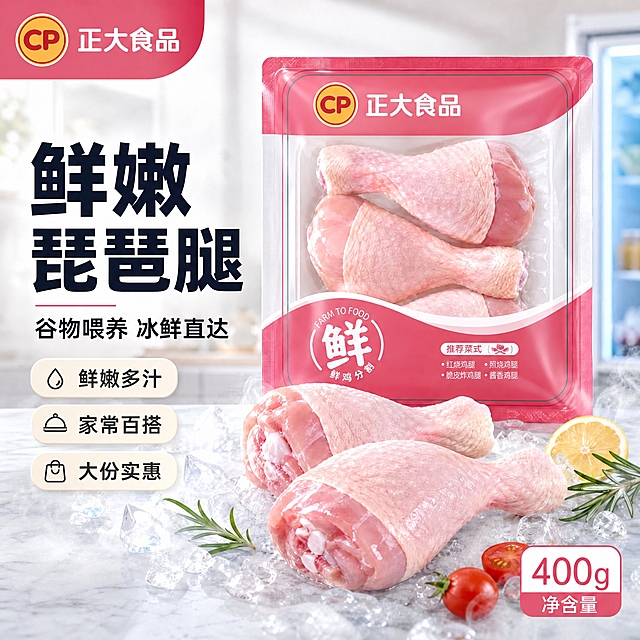基于输入图片重绘，完整保留画面中的一切元素、构图、配色、产品包装、生鸡腿实物、冰块柠檬背景、左侧卖点标签与文字版式。仅将右下角规格标签中的净含量数字由1.2kg修改为400g，标签样式保持白底红边圆角框不变，主文字精确显示400g，下方小字保持净含量；确保画面中除该规格标签外不出现其他重量数字，400g字样清晰锐利、笔画完整，不得错位遗漏或编造。1:1比例，2K分辨率超高清。