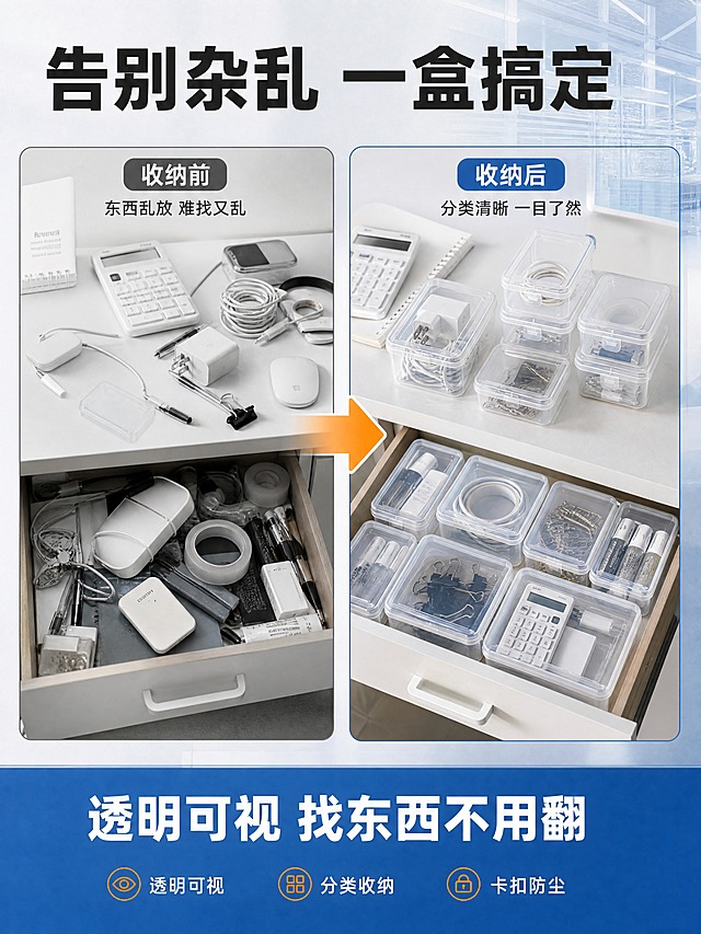 [商品] 使用【图1】透明PP塑料收纳盒；保留盒体透明PP材质、卡扣盖、方正造型；增强通透质感，不改变原有结构。
[画面] 页面目标：痛点对比，展示杂乱收纳痛点vs使用本品后的整洁效果，激发购买需求。构图：左右分栏对比版式，左侧为痛点场景，右侧为解决后场景。左侧：桌面/抽屉里物品杂乱堆放，找东西困难的真实场景；右侧：同样的空间使用透明收纳盒分类整理后，整齐有序一目了然的状态。中间用箭头分隔表示转变。主体产品在右侧场景中自然摆放使用，占画面约40%。景别：中景场景。阅读动线从左到右，先看痛点再看解决方案。
[视觉] 套系策略：风格=1688 B端源头工厂风 干净通透工业品质感；标题字=无衬线粗黑体 厚重有力；正文字=简洁无衬线黑体 清晰易读；主色=工业蓝+透明本色；背景延展=基于工业蓝做深浅层级渐变 搭配浅灰与工厂环境虚化 同色系延展；强调色=亮橙色 仅用于小面积标签、图标和重点高亮；标题色=深炭灰；正文色=中灰；组件=细边框信息卡、工业风引线、圆角矩形标签；光影=左前侧柔和主光 透明盒体有自然透光和边缘高光 底部真实接触阴影。
[文字] 顶部大标题"告别杂乱 一盒搞定"，左侧痛点区上方小字"收纳前"配短句"东西乱放 难找又乱"，右侧解决区上方小字"收纳后"配短句"分类清晰 一目了然"。底部加一行"透明可视 找东西不用翻"。所有文字横排，放在上下和两侧负空间，不遮挡主体。
[规格] 图片比例3:4竖版，4K分辨率，避免变形、错字、文字过小、产品结构失真、悬浮感、夸张恐吓式痛点、极限词、平台logo。