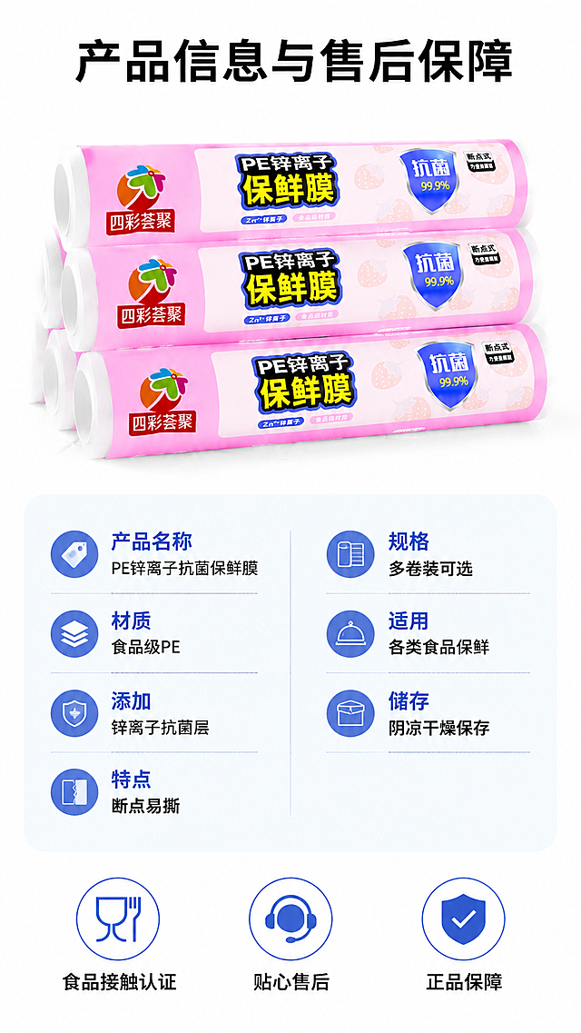 [第8屏] 规格参数-产品信息与售后保障。
[氛围/风格] 清晰规范，简洁可信，信息完整，排版工整。
[元素布局] 画面上半部分展示本款PE锌离子保鲜膜产品全貌，保持粉色包装与输入图一致，斜放在干净背景上，产品占比约40%。下半部分为参数信息卡，分两列排版展示产品规格参数，底部三个售后保障图标横排。整体分区清晰，信息完整，无边框满铺。
[光影质感] 光照均匀明亮，产品和文字信息都清晰展示，层次分明，干净专业。
[配色色系] 全局统一底色：#FFFFFF；主体配色：#F8C8E2（包装粉色）+#1E1E1E（文字黑色）；信息卡辅助色：#F0F8FF（浅蓝底）+#4169E1（标题蓝色）。
[视角构图] 平视视角，产品在上半部分，信息卡在下半部分，上下分区，稳定工整，信息一目了然。
[文字版式] 顶部主标题"产品信息与售后保障"黑色加粗居中。参数信息卡分两列，左列：产品名称 PE锌离子抗菌保鲜膜；材质：食品级PE；添加：锌离子抗菌层；特点：断点易撕；右列：规格：多卷装可选；适用：各类食品保鲜；储存：阴凉干燥保存。底部三个保障图标横排，分别标注"食品接触认证" "贴心售后" "正品保障"。文字排版工整清晰，可读性强。
[比例分辨率] 9:16竖版比例，宽度1080像素，高度1920像素，2k分辨率，文字清晰可辨，超高清。
[负向提示词] 产品变形，文字错乱，信息不全，排版歪斜，背景杂乱。