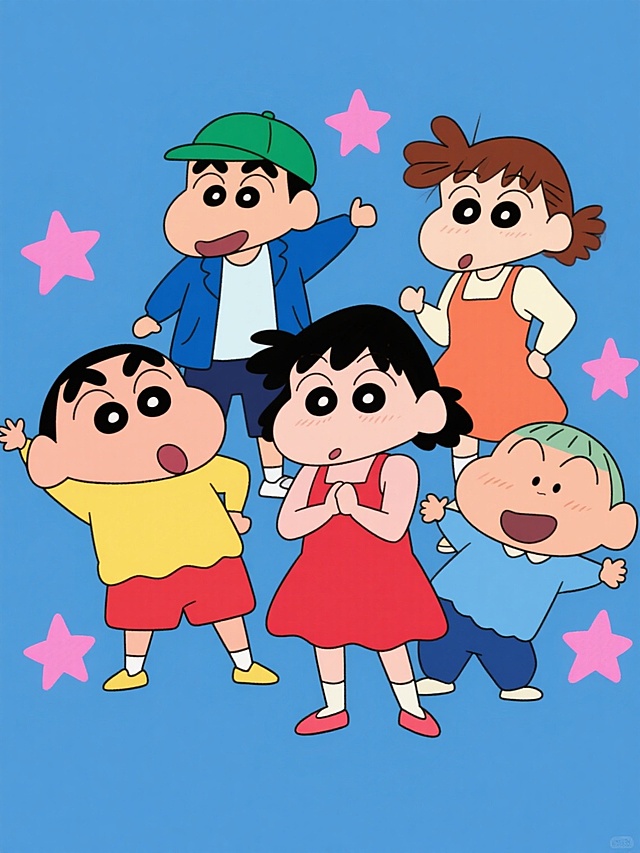 蜡笔小新动画风格插画，野原新之助、樱田妮妮、风间彻、阿呆、佐藤正男五位主角角色，保持原作角色典型特征与配色，小新穿着黄色上衣红色短裤，妮妮穿红色连衣裙，风间穿蓝色外套，阿呆戴绿色帽子，正男穿蓝色衣服，角色们摆出不同动态姿势，周围点缀粉色五角星装饰，纯色背景，无文字，无logo，无水印，平面设计，简洁线条，鲜艳色彩，卡通风格，角色表情生动，符合蜡笔小新系列一贯的可爱幽默氛围。