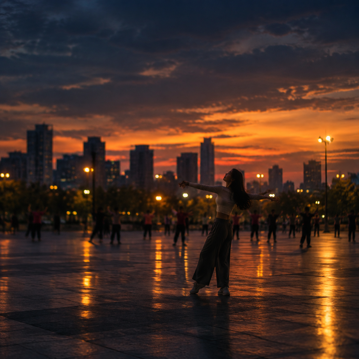 都市情感歌曲封面，黄昏暮色中的城市广场，一位年轻女歌手穿着简约… - 图片创意预览