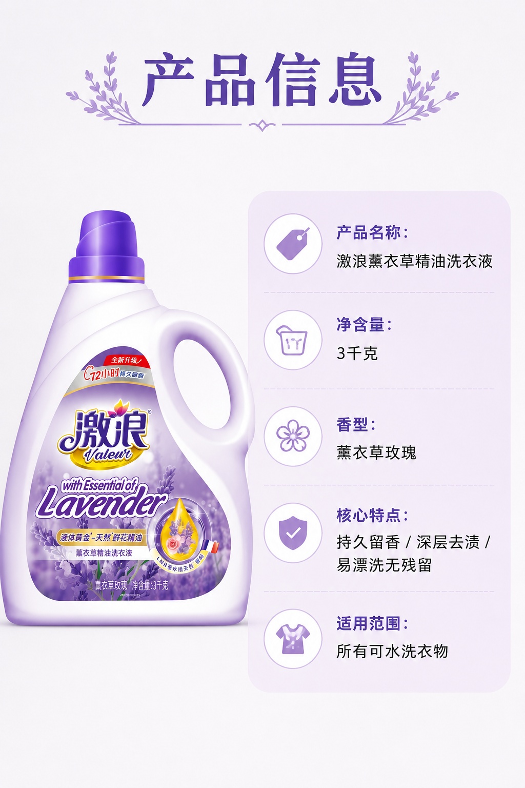 [第8屏] 产品规格信息卡-展示激浪薰衣草精油洗衣液基本信息。… - 图片创意预览