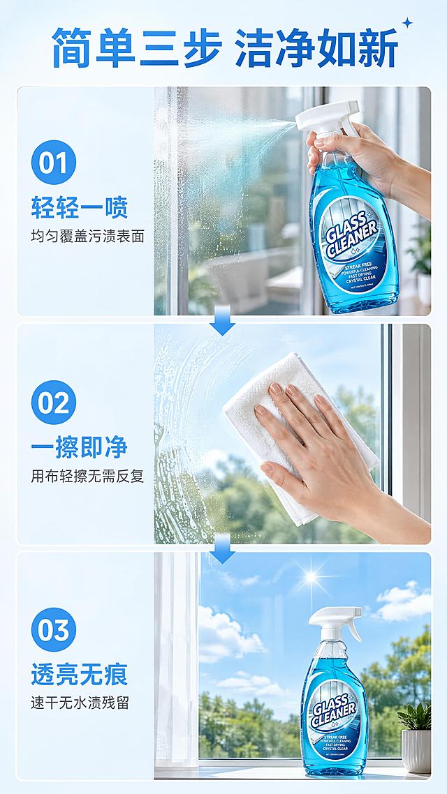 [第3屏] 详情页使用步骤演示-玻璃清洁剂三步使用流程。本屏使用【图1】作为商品主体。
[氛围/风格] 清新洁净家居风，步骤清晰明了，商业摄影质感。
[元素布局] 画面采用上中下三步流程布局，配箭头连接；第一步（上）：手持玻璃清洁剂正在向玻璃喷洒，蓝色喷雾细密均匀，产品瓶清晰可见；第二步（中）：用白色微纤维布轻轻擦拭玻璃，动作轻柔；第三步（下）：玻璃透亮如镜，映照出窗外蓝天，旁边放着清洁剂瓶；每步都有编号标识；产品瓶身结构、颜色、喷头造型与输入产品图完全一致。
[光影质感] 均匀明亮的室内光线，每步场景都有充足光照，玻璃反光自然真实。
[配色色系] 全局底色 #F5FAFF 浅蓝白渐变；主色天空蓝 #00A8E8；辅助色白色、浅灰、编号蓝底白字。
[视角构图] 正面平视，垂直三步流程构图，阅读动线从上到下依次阅读。
[文字版式] 版式为垂直三步流程 + 每步配标题说明。顶部大标题「简单三步 洁净如新」；第一步编号「01」配标题「轻轻一喷」，说明「均匀覆盖污渍表面」；第二步编号「02」配标题「一擦即净」，说明「用布轻擦无需反复」；第三步编号「03」配标题「透亮无痕」，说明「速干无水渍残留」；编号采用蓝色圆形底白字，清晰醒目。
[比例分辨率] 9:16 竖版比例，4K 分辨率，文字清晰可辨，高清画质。
[负向提示词] 产品变形，颜色偏差，水印，文字错乱，产品图模糊，步骤不清。