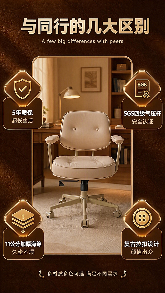 [第13张] 与同行区别-核心优势对比页。本张使用【图7】奶茶色常规款办公椅作为主体，展示差异化优势。
[氛围/风格] 差异化优势展示风，深棕质感背景，整椅展示突出，参考图20的对比展示版式。
[元素布局] 画面中央为奶茶色常规款办公椅正面视角，置于圆角矩形边框内，边框为浅米色；椅子后方为暖调书房场景虚化背景（书桌、窗帘、书架、台灯、书籍）；画面四周分布四个差异化卖点图标与文字；椅子奶茶色皮革、同色五星脚与扶手架结构与输入产品图一致。
[光影质感] 中心椅子打光清晰明亮，背景虚化柔和，整体突出产品，皮革质感温润，金属件有细腻高光。
[配色色系] 全局底色深棕#6B3410，带叶脉纹理；主色奶茶色皮革+同色金属架；辅助色浅米色边框、白色文字；点缀色金色图标、橙色背景光斑。
[视角构图] 正面视角，椅子居中，四周卖点环绕，阅读动线从顶部标题 → 中心产品 → 四周卖点；景深突出主体。
[文字版式] 顶部主标题「与同行的几大区别」（大号粗黑体），副标题英文「A few big differences with peers」；四周四个卖点：左上「5年质保 超长售后」、右上「SGS四级气压杆 安全认证」、左下「11公分加厚海绵 久坐不塌」、右下「复古拉扣设计 颜值出众」；底部一行小字「多材质多色可选 满足不同需求」。
[比例分辨率] 9:16竖版比例，4K分辨率，文字清晰可辨，高清画质。
[负向提示词] 椅子变形，颜色偏差，卖点图标混乱，水印，文字模糊。