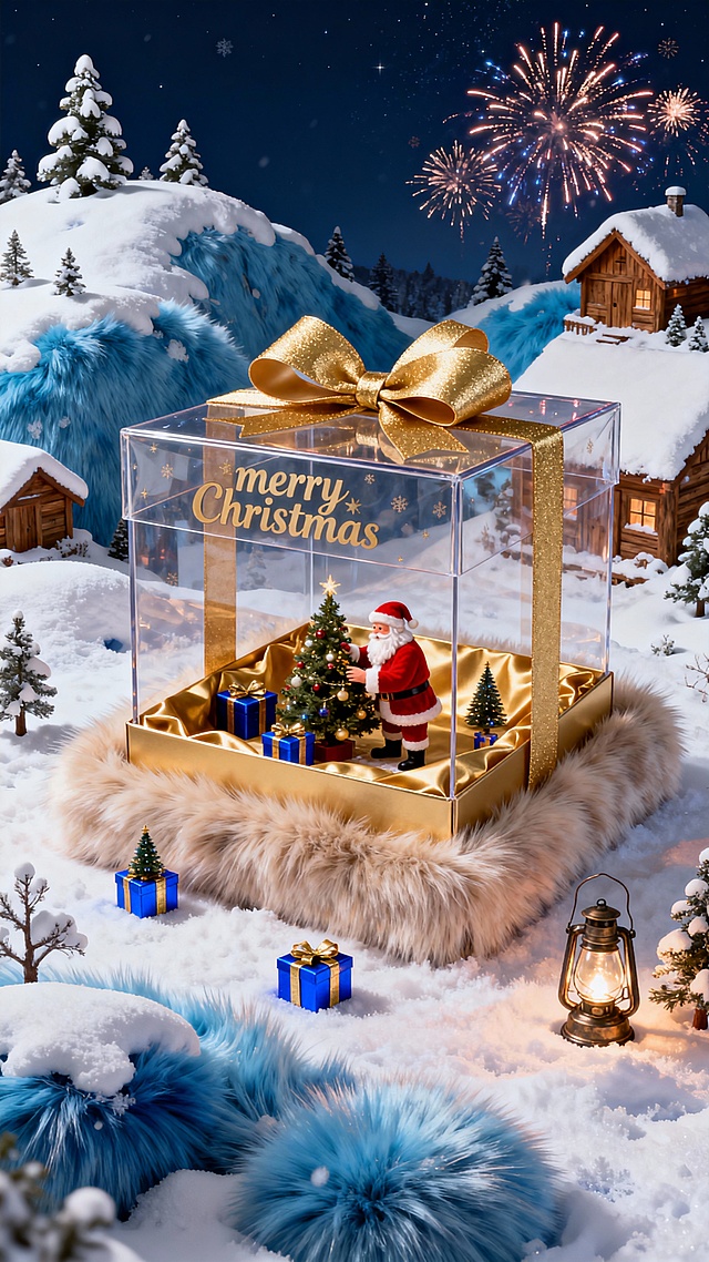 梦幻3D微缩圣诞场景，玻璃盒内鎏金礼盒与圣诞老人共庆佳节，雪夜烟花映衬温馨喜庆，重拟物与虚拟现实交融，尽显节日浪漫。