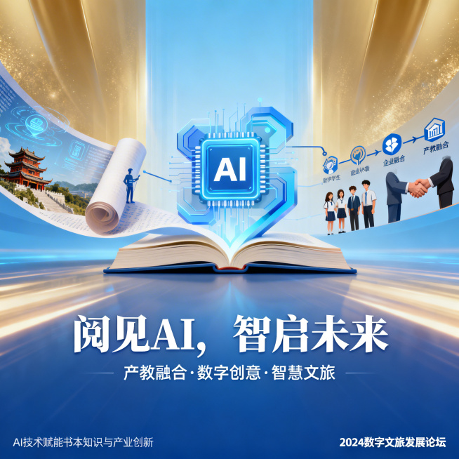 主题海报，紧扣"阅见AI，智启未来"总主题，展现产教融合服务发展，聚焦数字创意与智慧文旅领域，AI技术融合书本知识与产业创新，科技感与人文结合，画面明亮开阔，重新调整构图风格预览效果