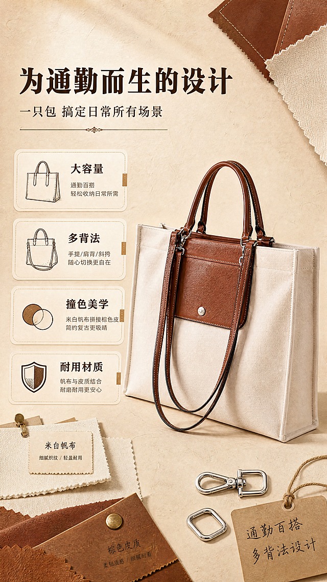[商品] 使用【图1】米白帆布配棕色皮质撞色托特包；保留包身方正廓形、正面棕色皮质口袋、金属按扣、双提手、长肩带、银色五金扣具、帆布纹理与缝线；增强帆布织纹与皮面质感，不改变结构和颜色。
[画面] 第2张·设计理念页，目标诠释通勤百搭与多背法设计灵感；左文右图布局，右侧为包的45度侧前方中景，占画面约45%；左侧用3-4个风格关键词卡片+手绘感小图标组合呈现设计方向；背景为暖米色纸张质感，散落皮质面料小样、帆布面料卡、复古金属扣道具点缀，营造设计工作室氛围。
[视觉] 套系策略：风格=轻复古通勤高级商业摄影；标题字=粗黑体带轻微复古衬线感；正文字=简洁无衬线体；主色=暖米杏+焦糖棕；背景延展=基于暖米杏做深浅渐变、同色系光影层次与细腻织物/纸张质感；强调色=焦糖棕，仅用于小面积图标、引线、标签和标题装饰；标题色=深焦糖棕；正文色=中暖灰；组件=圆角浅底信息卡、细棕线引线、复古标签；光影=左前侧暖柔光，自然投影。
[文字] 左上主标题"为通勤而生的设计"，副标题"一只包 搞定日常所有场景"；下方4个关键词卡片："大容量""多背法""撞色美学""耐用材质"，每个配小图标；文字横向排版，层级清晰。
[规格] 图片比例9:16竖版，4K，负向提示：避免变形、错字、文字过小、冷蓝/蓝灰背景、包型失真、颜色改变、白底孤立、竖排文字。