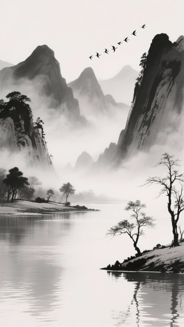 中国传统水墨画风格的山水背景，以黑白灰为色调，运用淡雅的墨色晕染和细腻的笔触描绘。远处是连绵起伏、轮廓朦胧的山峦，山间云雾缭绕，呈现出空灵悠远的意境。近处是平静的湖面，水面波光粼粼，倒映着岸边的景物。预览效果