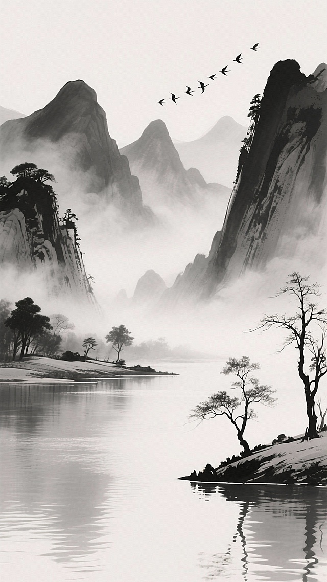 水墨风山水，白描笔触勾勒山影，雾霭缭绕间现静谧意境，飞鸟剪影划破天际，如印象画派般朦胧深远。