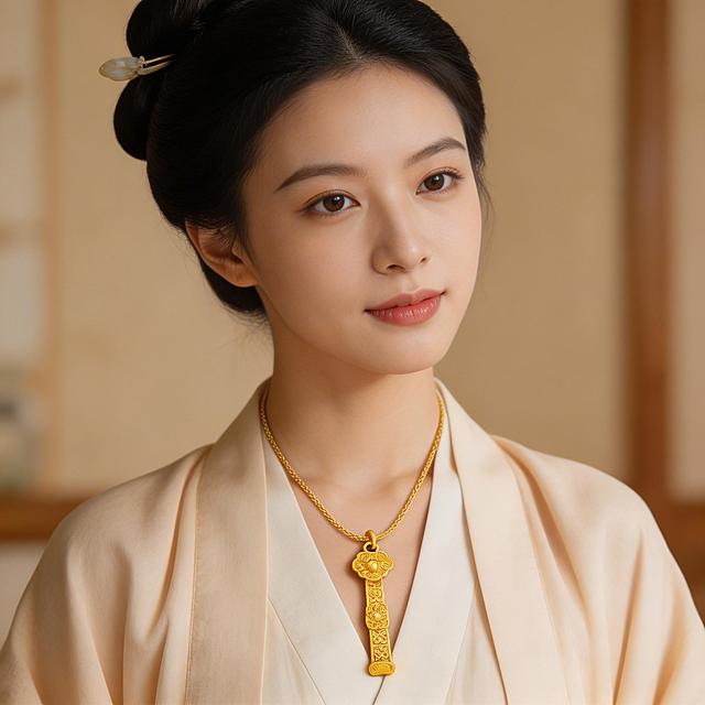 将这根金色如意项链佩戴在一位气质优雅的美女脖子上，画面自然真实