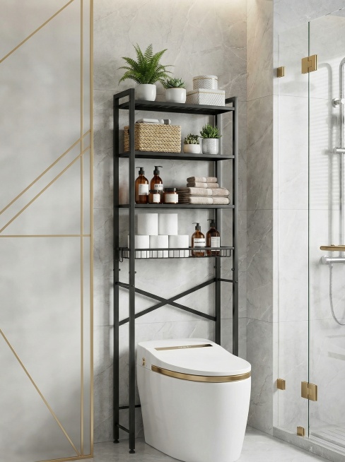 帮我生成图片：生成一张现代轻奢风格的卫生间马桶上方置物架展示图。画面主体是黑色铁艺多层置物架，架上摆放卷纸、洗护瓶罐、折叠毛巾、编织篮、绿植盆栽与收纳盒等物品。下方是带金色装饰边的白色智能马桶，背景为预览效果