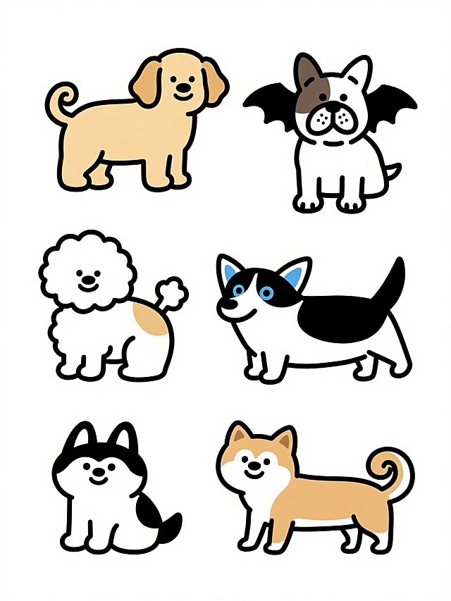 一组六只不同品种的小狗，每只都采用极简手绘风格，以流畅连续的黑色单线条绘制，线条圆润可爱，没有填充颜色，背景为纯白色。每只小狗都有独特的品种特征：一只金毛寻回犬有着下垂的耳朵和卷曲的尾巴，一只法国斗牛犬有褶皱的脸和蝙蝠状耳朵，一只柯基犬有短腿和大屁股，一只贵宾犬有卷曲的毛发和蓬松的尾巴，一只哈士奇有三角形耳朵和蓝色眼睛（用线条表示），一只柴犬有竖起的耳朵和卷曲的尾巴。所有小狗都保持着原图中那种可爱的表情，圆形的眼睛，微笑的嘴巴，整体风格统一，充满童趣。