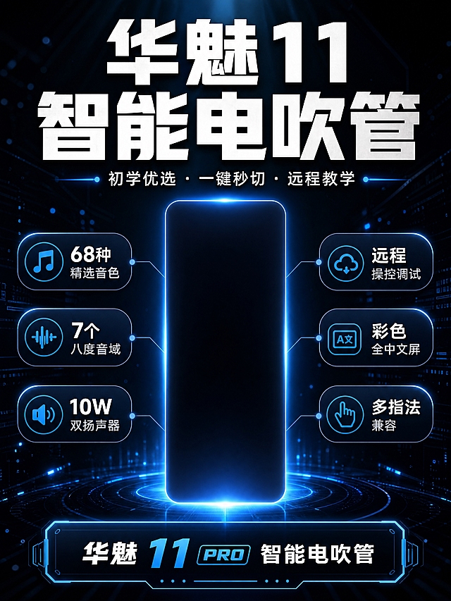 [商品] 画面正中央竖向预留电吹管产品位（约占画面宽度1/4、高度60%），产品位用深色渐变和微弱发光轮廓标识，用户后续自行填入产品图；不绘制任何具体电吹管形态。
[画面] 硬核头图，大标题压迫型版式。顶部大标题2-3行大字居上，副标题紧随其后，左右两侧各放2-3个卖点胶囊图标。中间竖向留产品位，底部放品牌型号信息条。深色科技背景带粒子光点和蓝色光效线条，营造专业数码乐器氛围。
[视觉] 套系策略：风格=深色科技感商业详情页；标题字=粗黑无衬线大字，厚重有力；正文字=简洁无衬线体，清晰易读；主色=深蓝黑；背景延展=基于深蓝黑做渐变层次、粒子光点、科技网格和蓝色光效线条；强调色=科技蓝，用于图标、引线、光效和高亮文字；标题色=纯白色；正文色=浅灰白；组件=圆角深色信息卡、蓝色发光边框、细线引线；光影=顶部主光+底部轮廓光，产品位有蓝色底光烘托。
[文字] 顶部主标题"华魅11智能电吹管"，副标题"初学优选·一键秒切·远程教学"，左右卖点胶囊："68种精选音色""7个八度音域""10W双扬声器""远程操控调试""彩色全中文屏""多指法兼容"。底部信息条标注"华魅 11 PRO 智能电吹管"。所有文字横排，移动端清晰可读。
[规格] 图片比例3:4竖版，4K，quality=medium，负向提示：避免出现具体电吹管产品图像、避免文字竖排斜排、避免白底、避免人物面部、避免模糊不清、避免极限词。