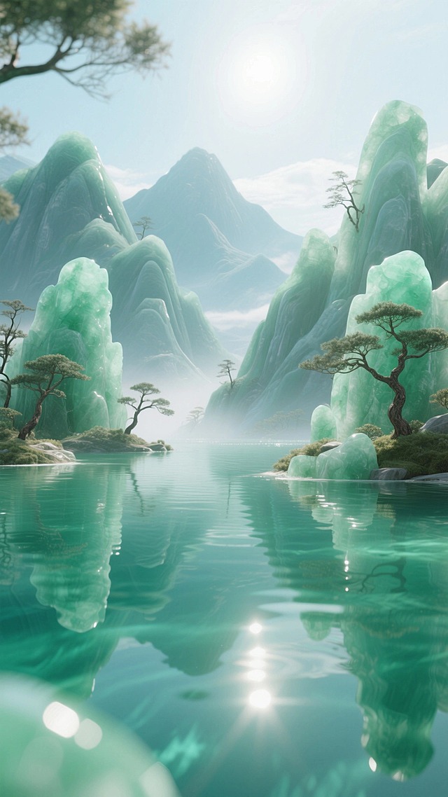 前景碧绿的镜面水面，后景清透玉器雕刻而成的群山，枯松点缀；环境明亮，宁静祥和