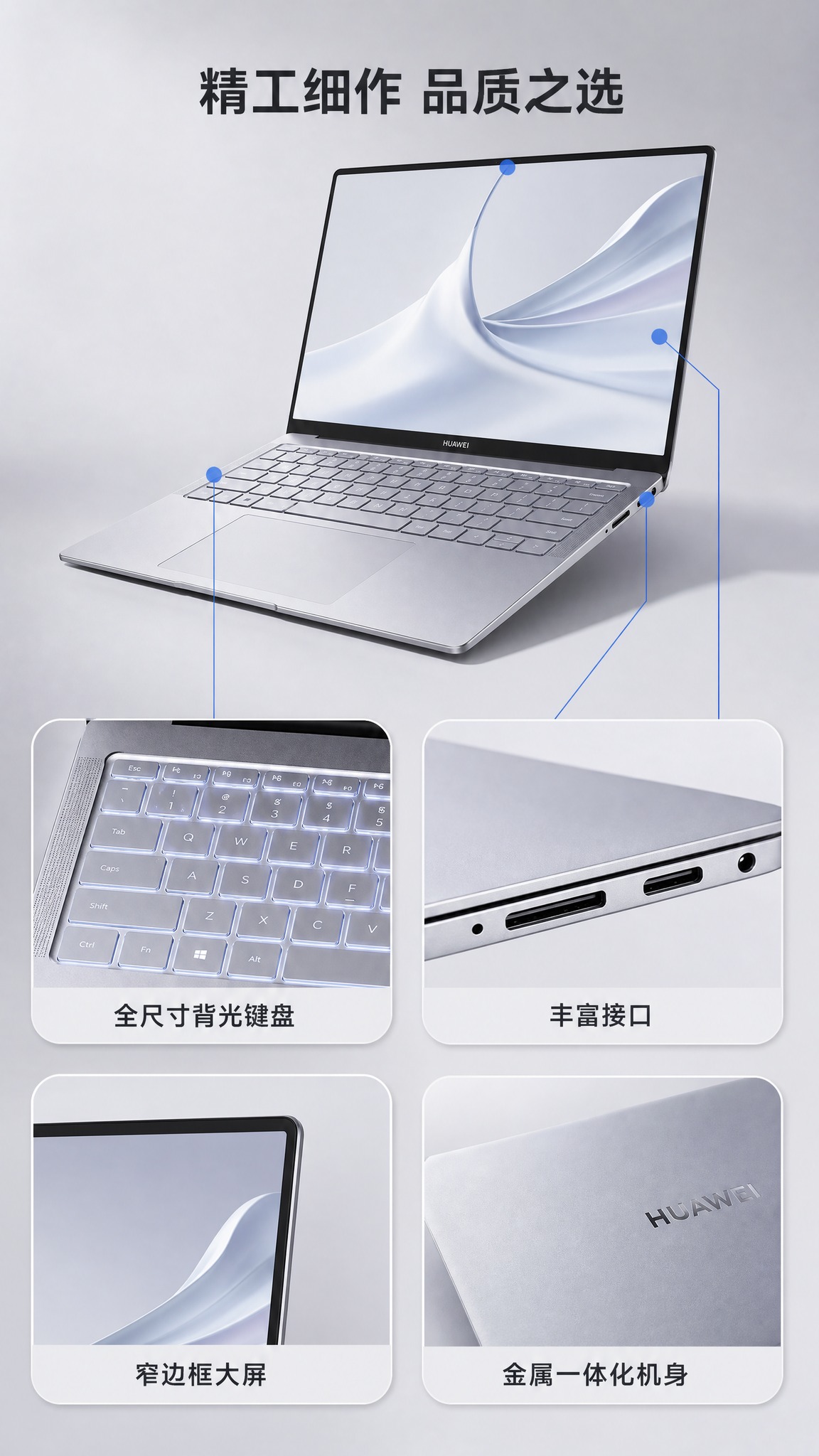 [主图-3] 华为轻薄笔记本电脑产品证据主图，展示机身细节和做… - 图片创意预览